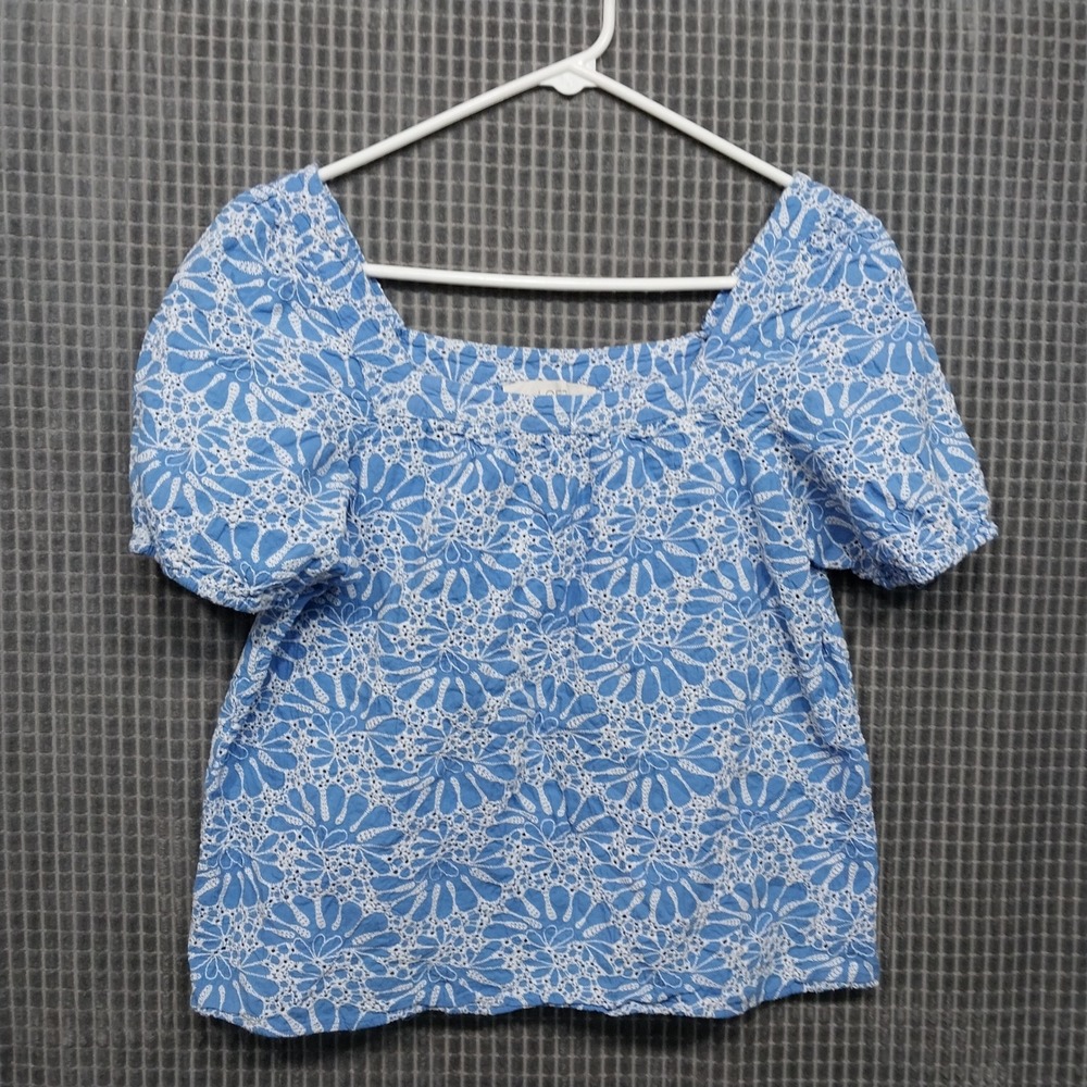 LOFT Women‎ Top Eyelet Puff Sleeve Square Neck Size M Blue